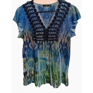 Apt. 9 Women's Blu/Green Watercolor Flutter Sleeve Crochet V Neck Tunic Sz M